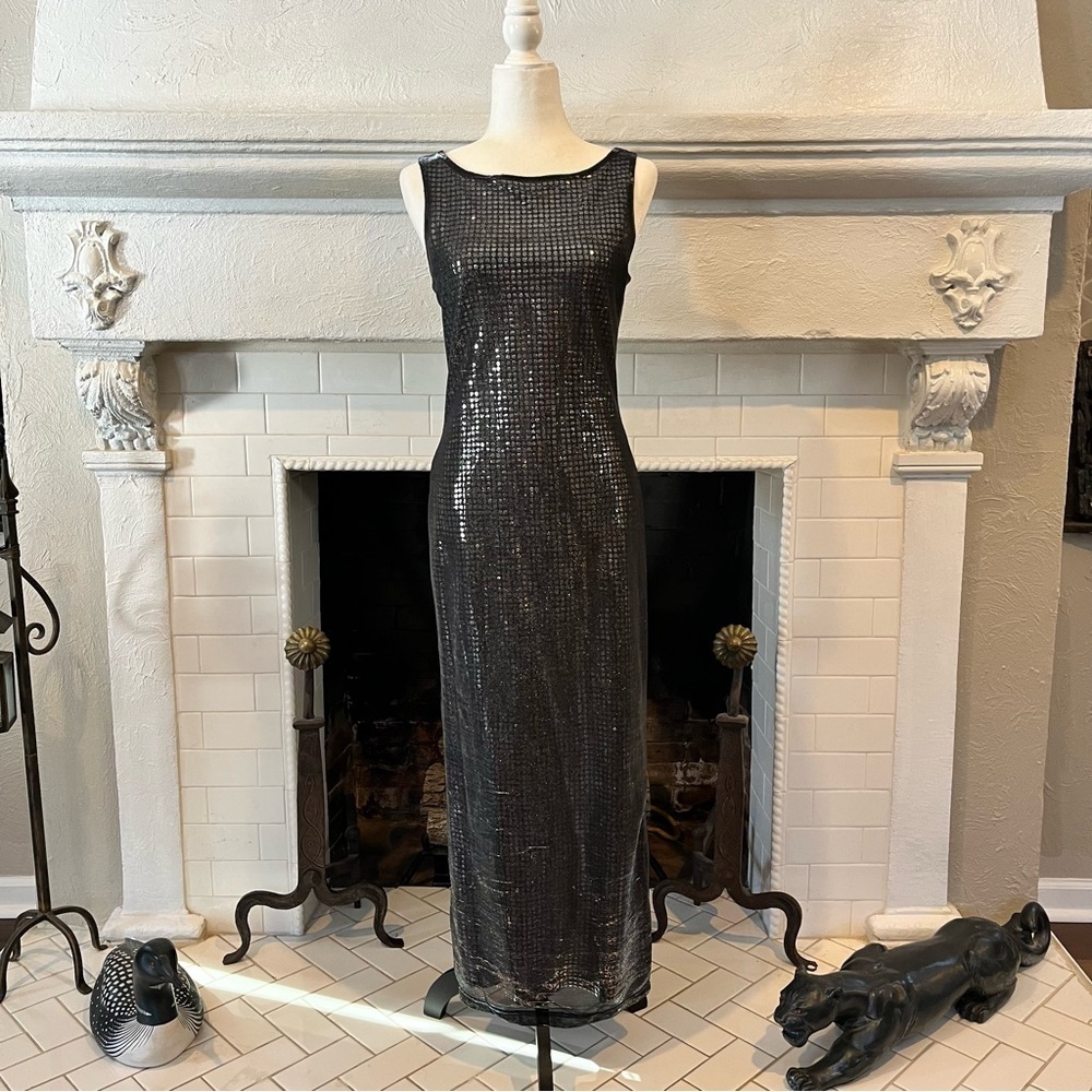 Vintage 90s Y2K prom dress silver mesh overlay sequin maxi party goth 7/8